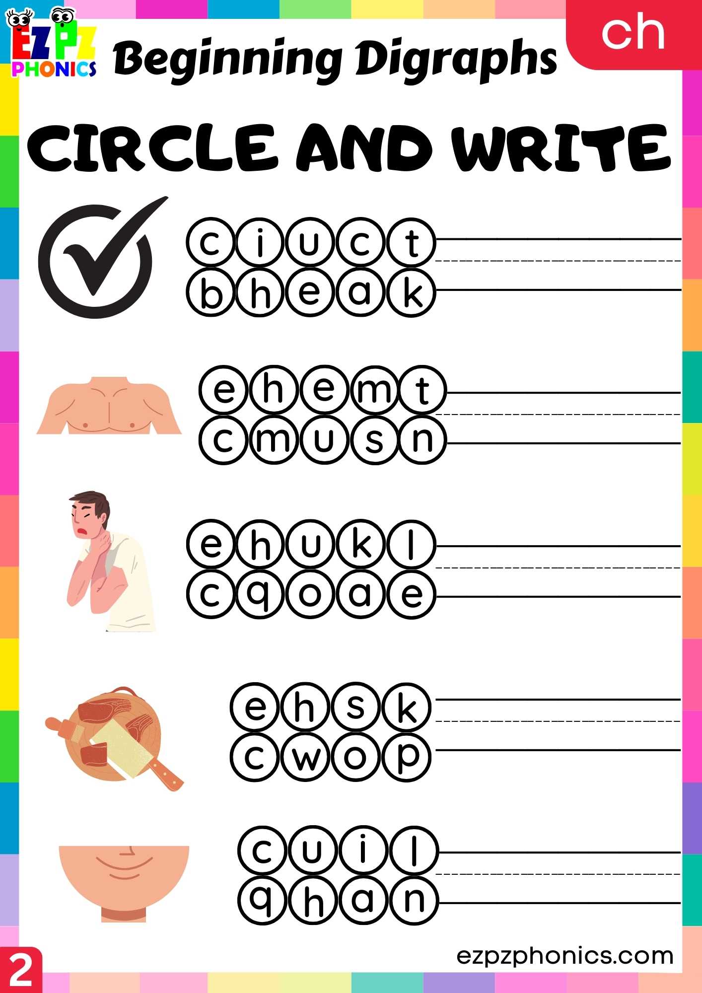 Group2 CH Words Circle And Write Consonant Digraphs Phonics Beginning Worksheet